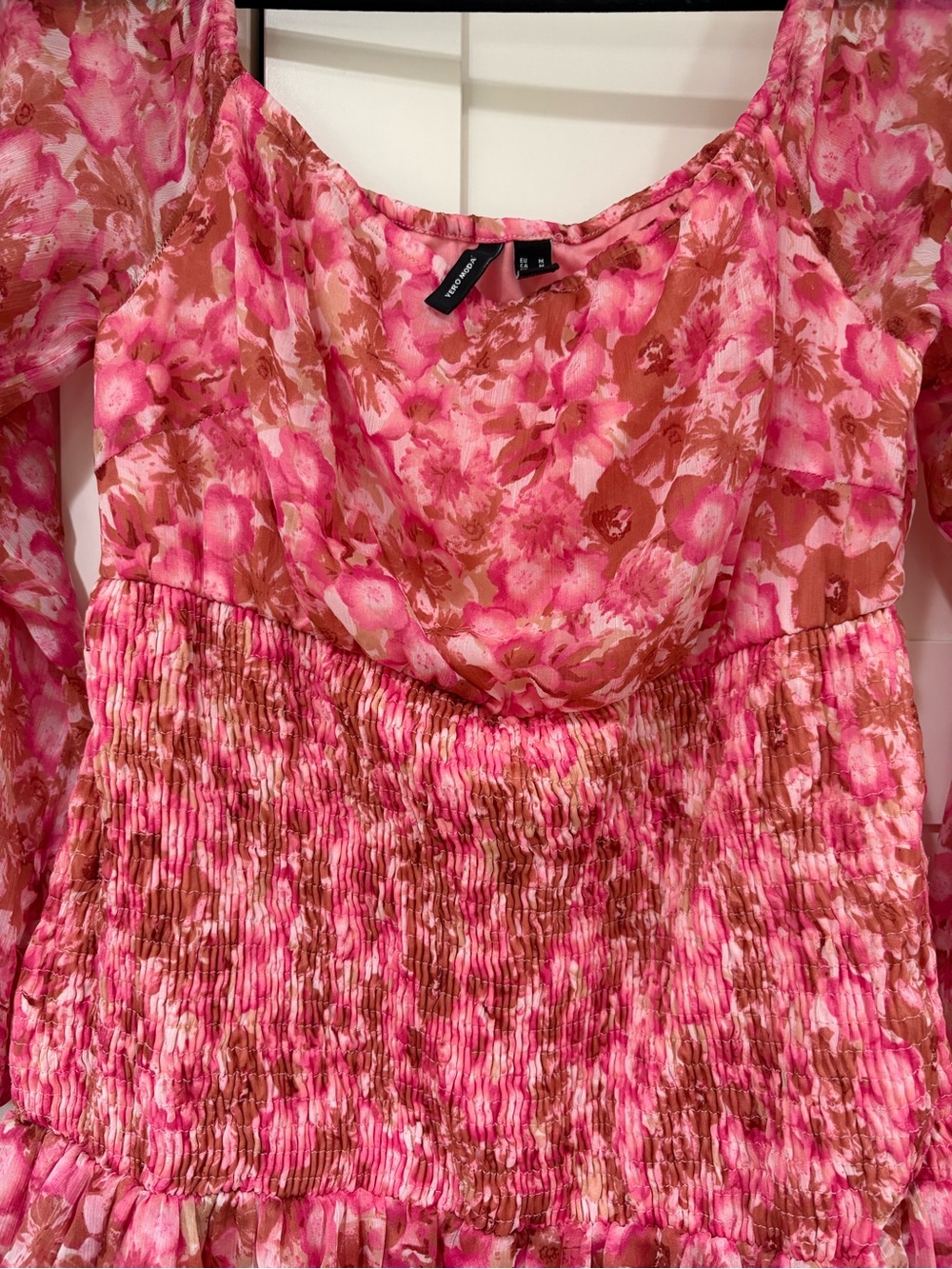 Vero Moda Pink and Brown Floral Smocked Waist dress